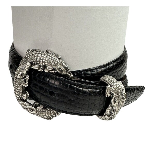 Vintage Sculptural Alligator Belt Silver Buckle Black Leather Strap Women\'s Sz S main image 6